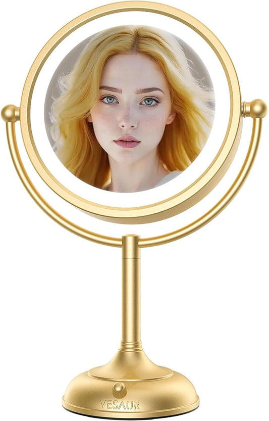 VESAUR 8.5'' Large Gold Lighted Makeup Mirror, 1X/10X Clear Seamless Magnifying Mirror, Bright Vanity Mirror with 3 Colors Dimmable Lights, Two-Sided 360Â°Rotation Stable Base, Luxury Nickel, Gift Box
