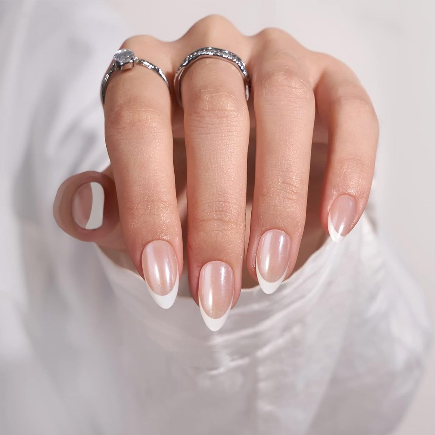 French Tip Press On Nails - BTArtbox White Almond Medium Reusable Stick On Nails in 15 Sizes - 30 Soft Gel Fake Nail Kit for Women Gift, Classic