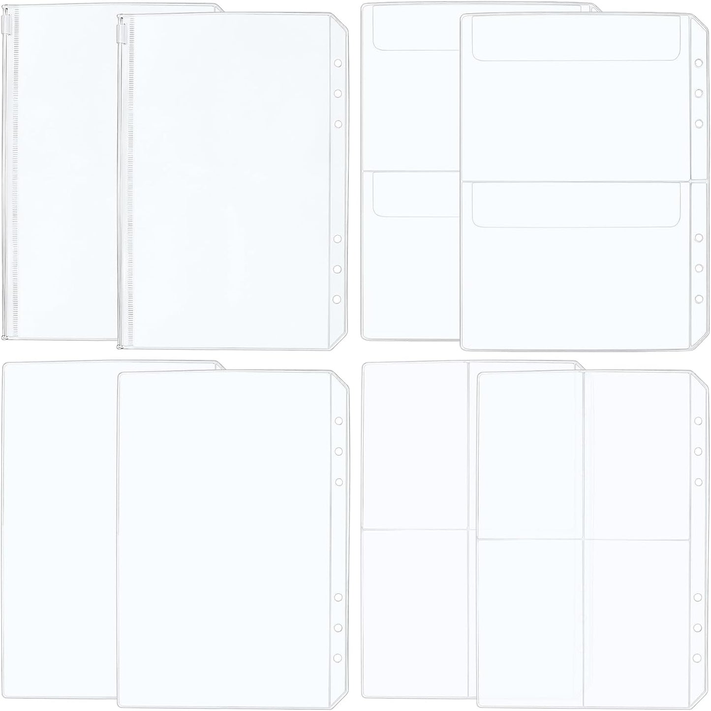 PAGOW 8pcs A5 Binder Pockets, 4 Styles Clear Binder Inserts Zipper Folders, Waterproof PVC A5 Planner Inserts Sleeves Budget Cash Envelope Pouches for 6-Ring Loose Leaf, Document, Saving Challenges