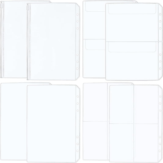 PAGOW 8pcs A5 Binder Pockets, 4 Styles Clear Binder Inserts Zipper Folders, Waterproof PVC A5 Planner Inserts Sleeves Budget Cash Envelope Pouches for 6-Ring Loose Leaf, Document, Saving Challenges