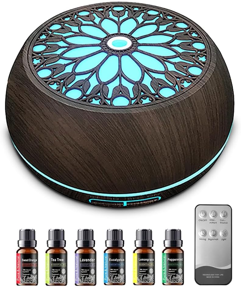 550ml Large Capacity Essential Oil Diffuser with 6 Aromatherapy Oils Set,Ultrasonic Air Humidifier with Timer and 7 Color LED Night Light Waterless Auto-Off Dark Wood Grain