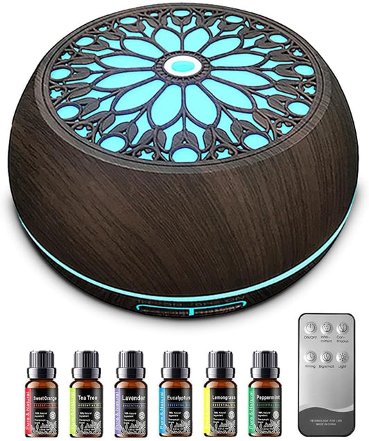 550ml Large Capacity Essential Oil Diffuser with 6 Aromatherapy Oils Set,Ultrasonic Air Humidifier with Timer and 7 Color LED Night Light Waterless Auto-Off Dark Wood Grain