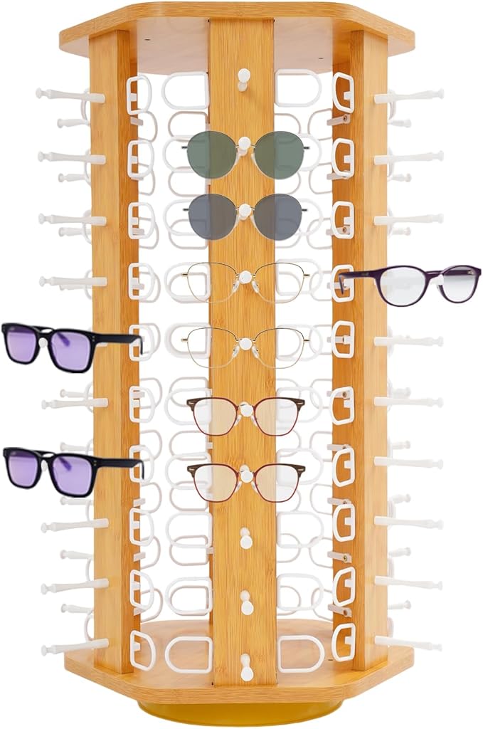 60 Pairs Glasses Rack, 360Â° Rotating Sunglasses Display Rack, 6-Sided Eyeglasses Storage Organizer, Eyewear Holder, Commercial Sunglasses Display Stand, Log Color