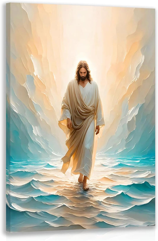 Cyebmo Framed Jesus Walking on Water Wall Art, Abstract Jesus Portrait Wall Decor, Blue Inspirational Christian Poster Print, Minimalist Biblical Wrapped Canvas Artwork for Prayer Church 12x16 Inch