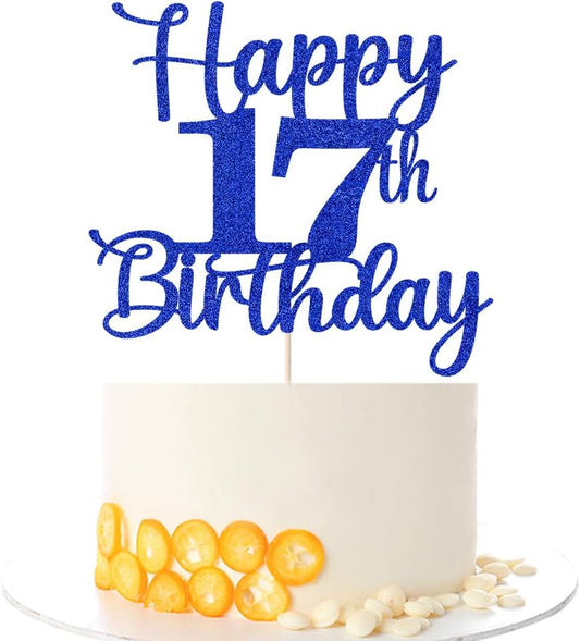 Kaoenla Glitter Happy 17th Birthday Cake Topper,Hello 17，Cheers to 17 Years,17th Anniversary /17 years old birthday Party Deco (17th, blue)
