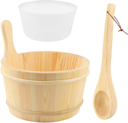 Wooden Sauna Bucket & Ladle Set, 1 Gallon (4L), Handmade Natural Pine with Rope Handle & Leakproof Liner, Sauna Accessories for Steam Rooms