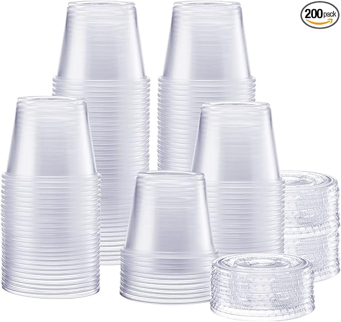 GUSTO 5.5 oz Jello Shot Cups with Lids [200 Count] Clear Plastic Portion Containers, Condiment Cups for Sauces, Dressings & Samples â Durable, Stackable, Leak-Resistant (Formerly Comfy Package)