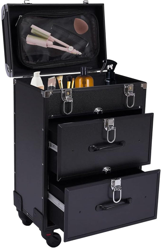 Professional Rolling Makeup Train Case with Drawers, Large Cosmetic Trolley with Locks,Cosmetic Trolley Organizer Case for Travel Makeup/Nail Art/Hair Styling (Black)