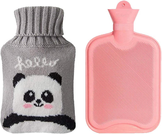 Drizzle Classic Rubber Hot Water Bottle - 2L Pink with Cute Panda Knitting Set - Suitable for Pain Relief Headaches Cramps and Winter Warmth