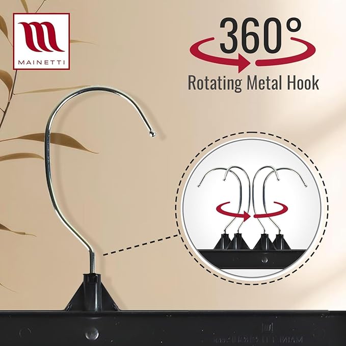Mainetti 6012 Recycled Black Plastic Hangers - 50 Pack with Rotating Metal Hook and Sturdy Plastic, Great for Pants/Skirts/Slacks/Bottoms, 12-Inch