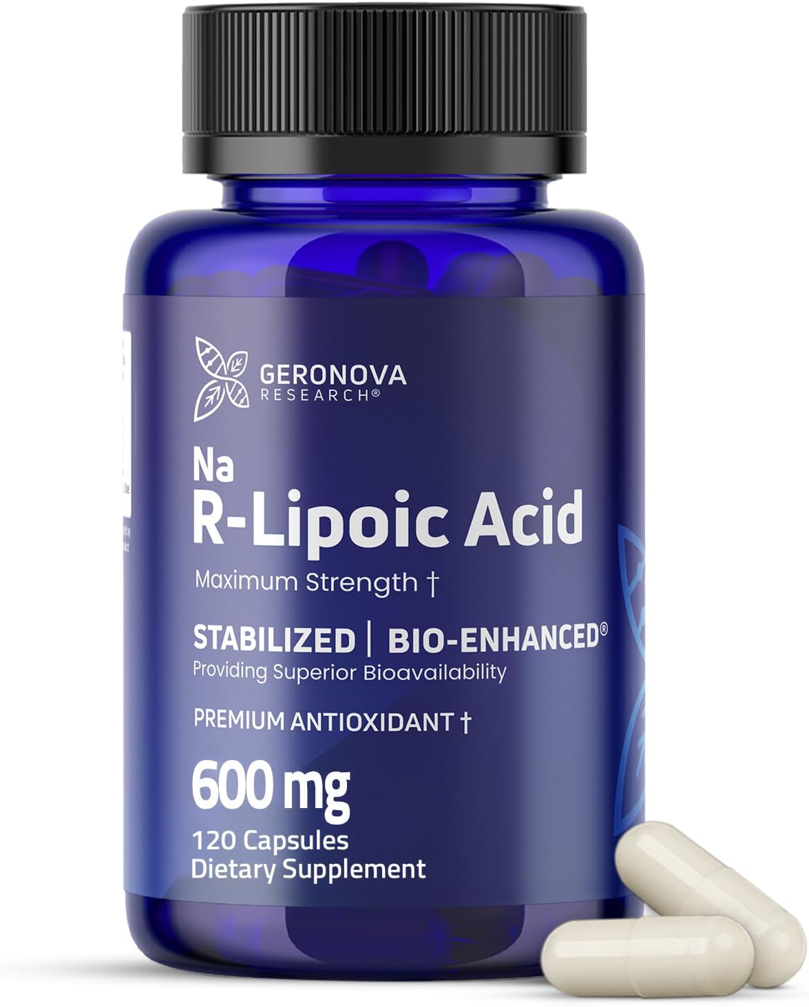 Geronova Research Bio-Enhanced R-Lipoic Acid, 600 mg Dose - 2 Month Supply - Stabilized R Alpha Lipoic Acid with Enhanced Absorption - R Lipoic Acid Supplement - 120 Capsules
