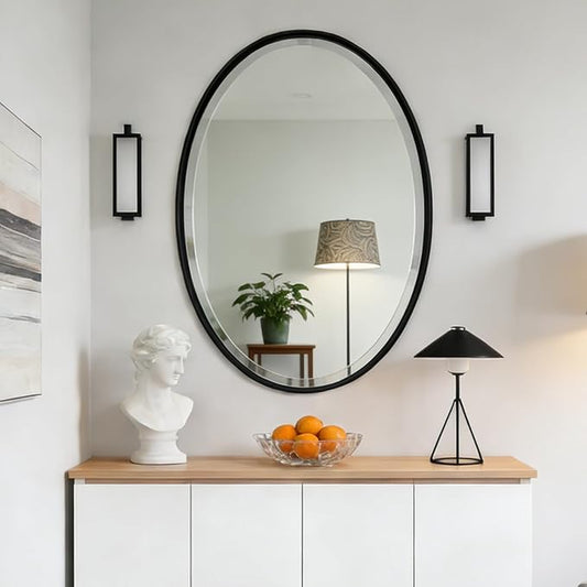 POZINO Oval Beveled Mirror, 24"x36" Bathroom Vanity Mirror for Over Sink, Matte Black Modern Rounded Wall Mirror for Living Room Entryway Bedroom Hallway Fireplace, Hangs Horizontal Or Vertical