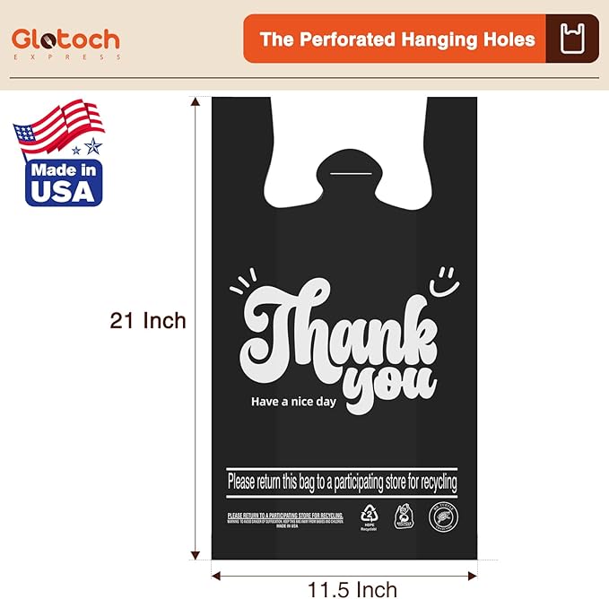 Glotoch 20000 (20K) Count Black Plastic Thank You T-shirt Bags, 11.5 x 6.5 x 21" Grocery Shopping Bag with Handles for Restaurant, Retail, Togo, Takeout, Convenience Stores, in Bulk for Small Business