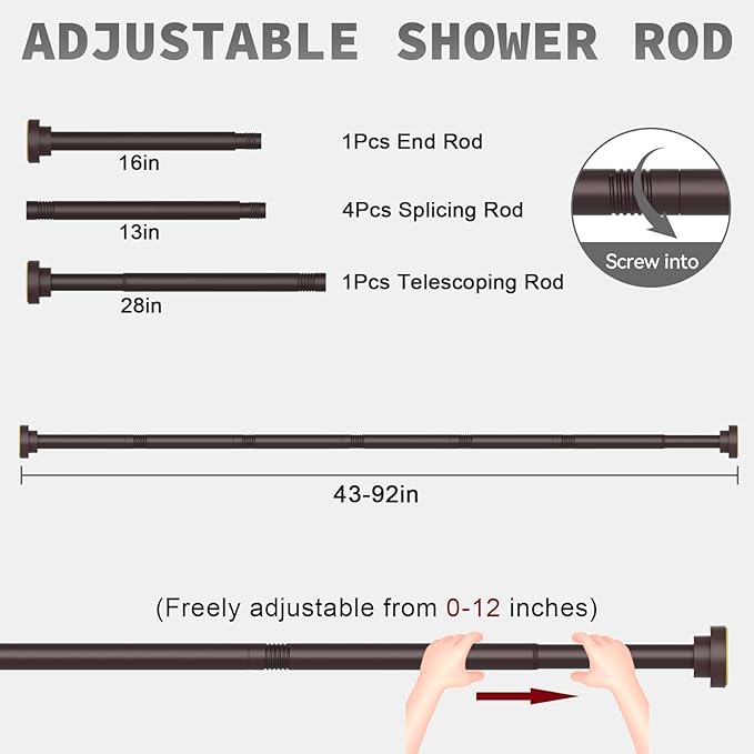 Thestoa Brown Shower Curtain Rod Adjustable 43-92 inch, 1"Diameter Spring Tension Curtain Rod No Drill, Anti-Rust Non-Slip Shower Rod for Bathroom Tension Rod
