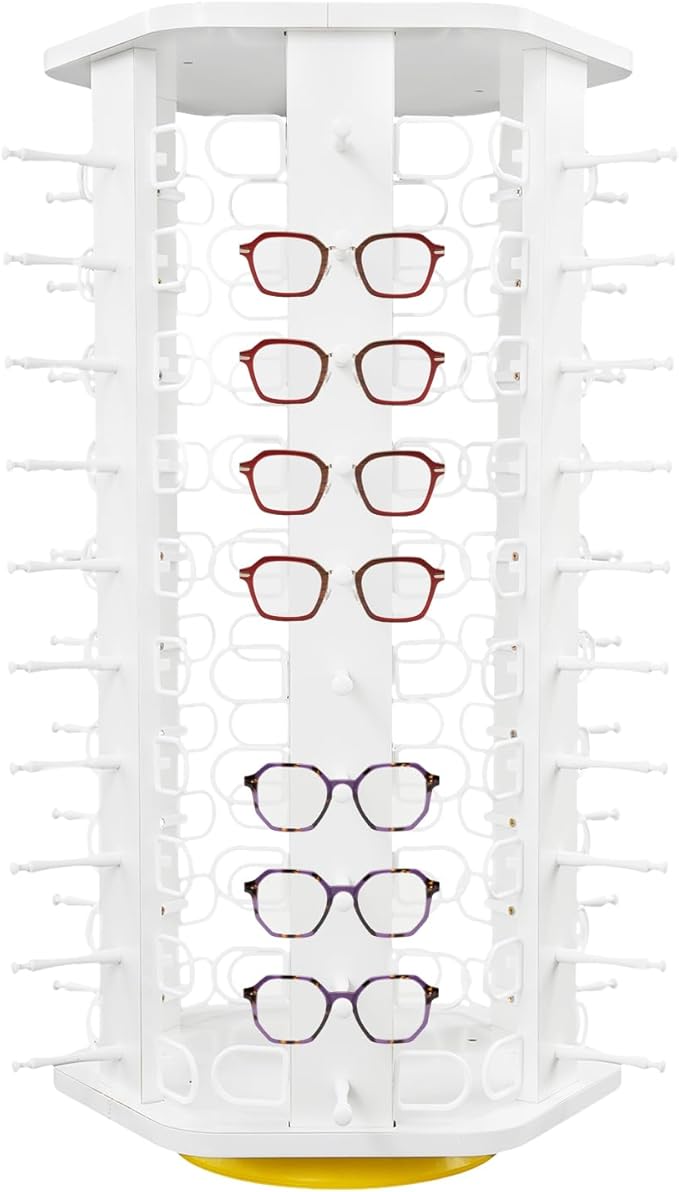 60 Pairs Glasses Rack, 360Â° Rotating Sunglasses Display Rack, 6-Sided Eyeglasses Storage Organizer, Eyewear Holder, Commercial Sunglasses Display Stand, White