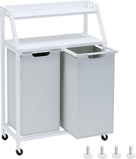 Laundry Hamper, Laundry Sorter 2 Section, Rolling Laundry Basket with Wheels, 2 Shelves, 2 Ã 14.5 Gal, Pull-Out and Removable Oxford Fabric Bags, for Laundry Room, White and Grey