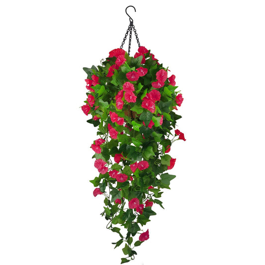 Artificial Fake Hanging Flowers Plants Basket for Spring Outdoor Outside Decoration, UV Resistant Faux Plastic Fabric Flower Morning Glory Wisteria Petunia for Garden Porch Patio Balcony Yard Decor