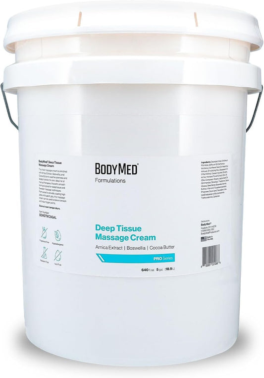 BodyMed Formulations Deep Tissue Massage Cream, 5 gal. â Fragrance-Free, All-Natural Cream for Massage Therapy â Leaping Bunny Certified â with Arnica Extract & Jojoba â Non-Staining, & Paraben Free