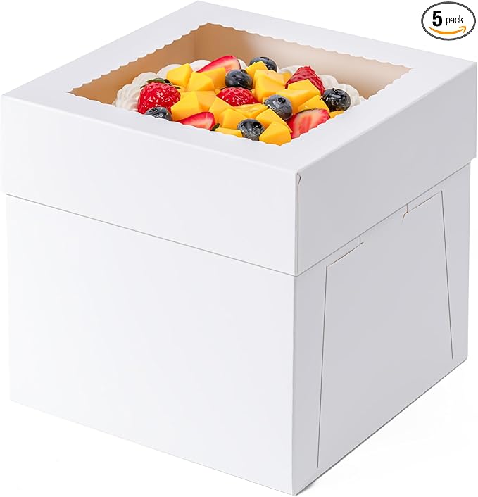 5 Pack Cake Boxes 8 Inch, 8x8x8 Inches Tall Cake Large Box, Disposable Cakes Transport Containers with Lids, Bakery Boxes with Large Window, for Cookies Pies Cupcakes Pastry-Wedding, Birthday, Party
