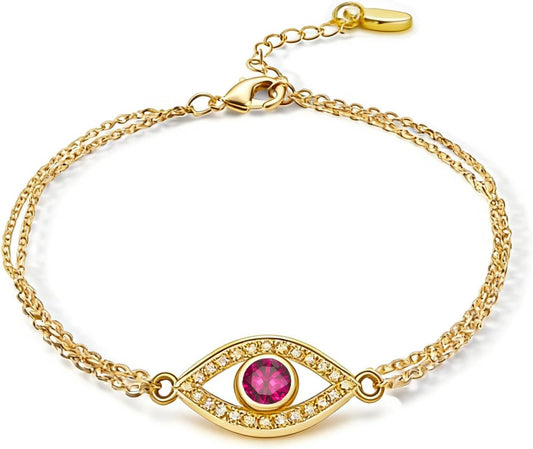 Midari 18K Yellow Gold Gemstone Birthstone Double Chain Bracelet Evil Eye Jewelry with 12 Months Birthstone Birthday Gifts for Women Wife Her Daughter Mom Sizes 7+2''