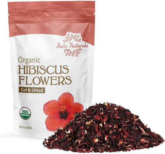 Halo Naturals Organic Hibiscus Flowers Cut & Sifted, 1 Pound (Hibiscus sabdariffa) USDA Certified | Resealable Pouch| Packaged in The USA
