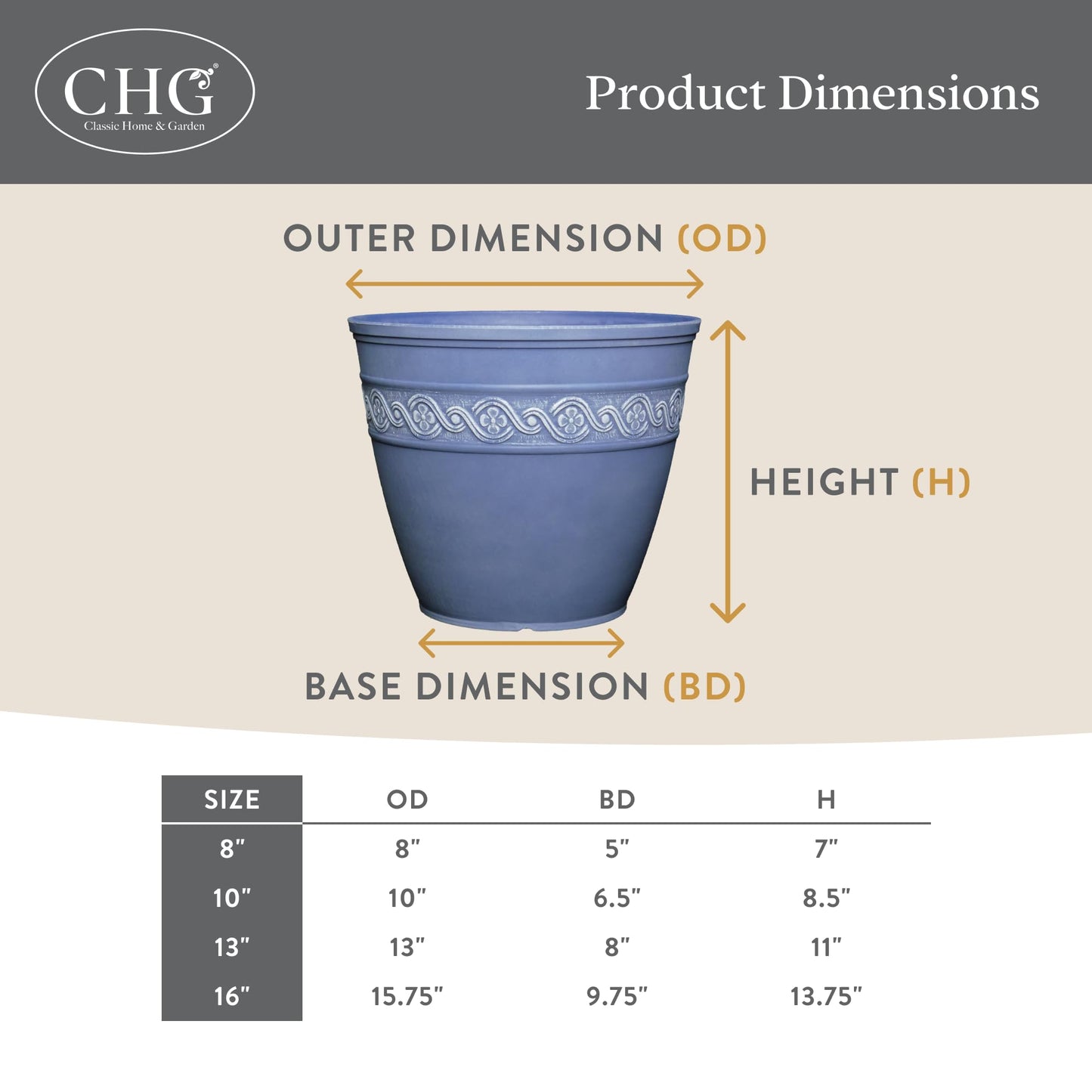 Classic Home and Garden Corinthian Resin Flower Pot Planter, Desert Tan, 8""