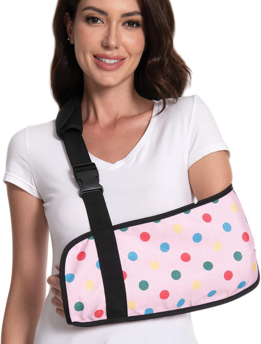 Print Arm Sling for Broken Arm, Torn Rotator Cuff, Shoulder, Elbow, Wrist Injury Support Brace for Women (Pink Dot, One Size)