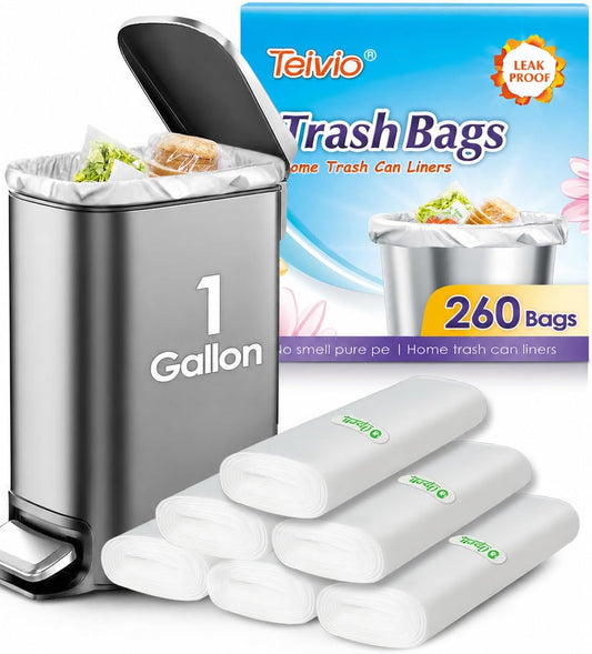 Teivio 1 Gallon 260 Counts Strong Clear Trash Bags Garbage Bags,Mini Waste Basket Liners,Tiny Bathroom Trash Can Bin Liners,Small Plastic Bags for Home Office Kitchen Car Bedroom Dog waste Baby Diaper