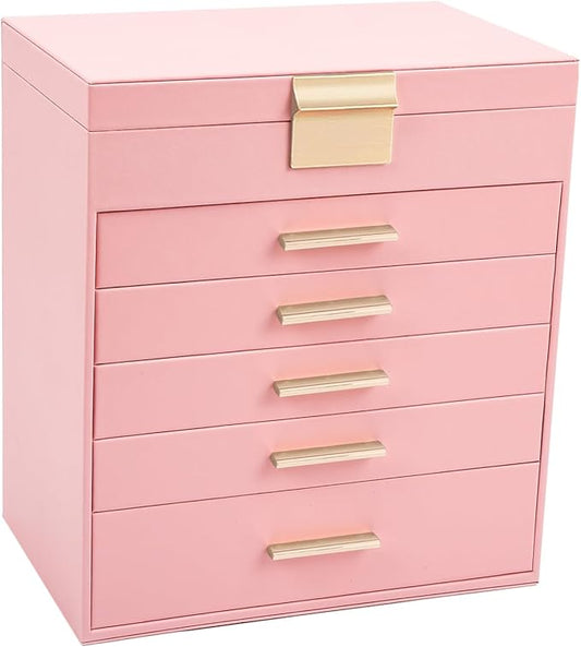 BOOVO Jewelry Box with Necklace Hanger â 6 layer Jewelry Organizer for Women with 5 Drawers, Large Jewelry Storage Boxes âJewelry Organizers and Storage for Earrings, Necklaces (Pink, 6 layer)