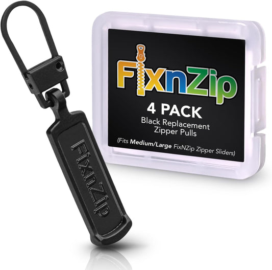 FixNZip Medium to Large Black Zipper Pull Replacements (4-Pack) | Universal Clip-On Pull Tabs for Zipper Repair, Sliders & Luggage, Jackets, Backpacks, Tents, Sleeping Bags & Outdoor Gear