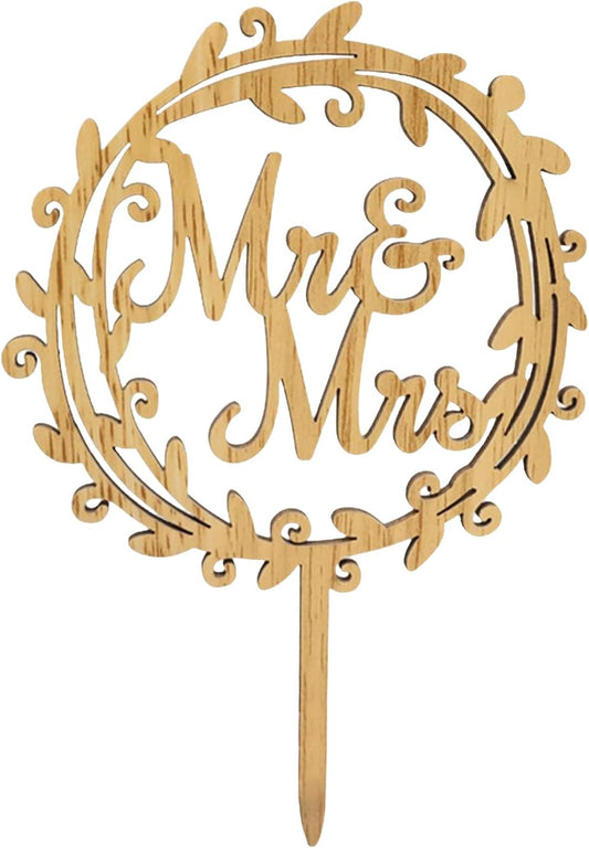 "yueton Mr & Mrs Wooden Cake Topper, Chic Rustic Style Wedding Engagement Cake Topper, Mr and Mrs Wreath Cake Decoration, Wedding Anniversary Party Supplies - with a Gift Box"