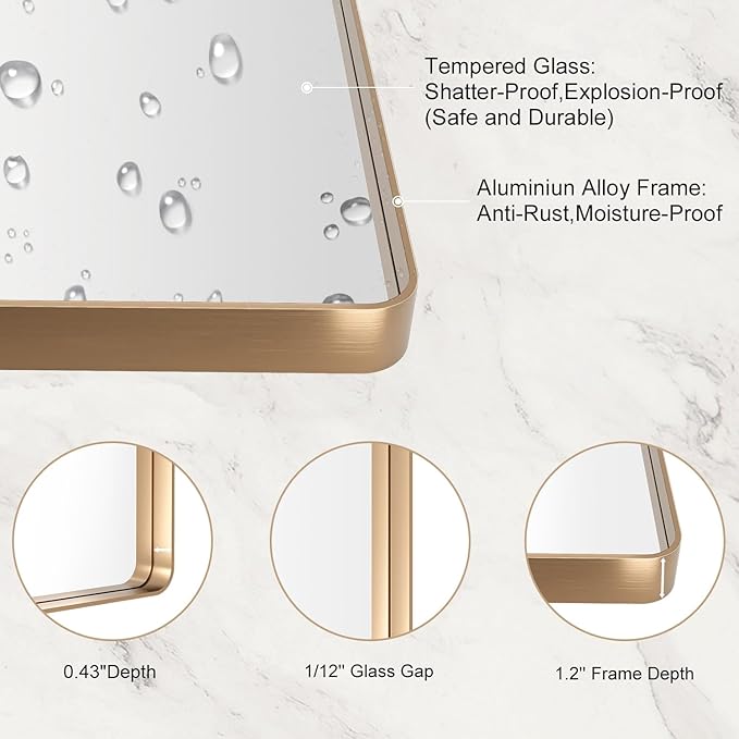 LOAAO 22”X30” Gold Bathroom Mirror, Rounded Rectangle Gold Frame Mirror, Brushed Gold Bathroom Vanity Mirror Wall-Mounted, Anti-Rust, Hangs Horizontally or Vertically
