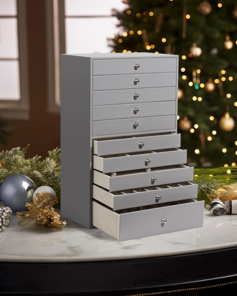 GUKA Large Jewelry Box, Jewelry Case with 10 Drawers for Big and Small Jewelry, Jewelry Storage Organizer for Watch Earrings Necklace Rings Bracelets, Birthday Wedding Gifts, Grey