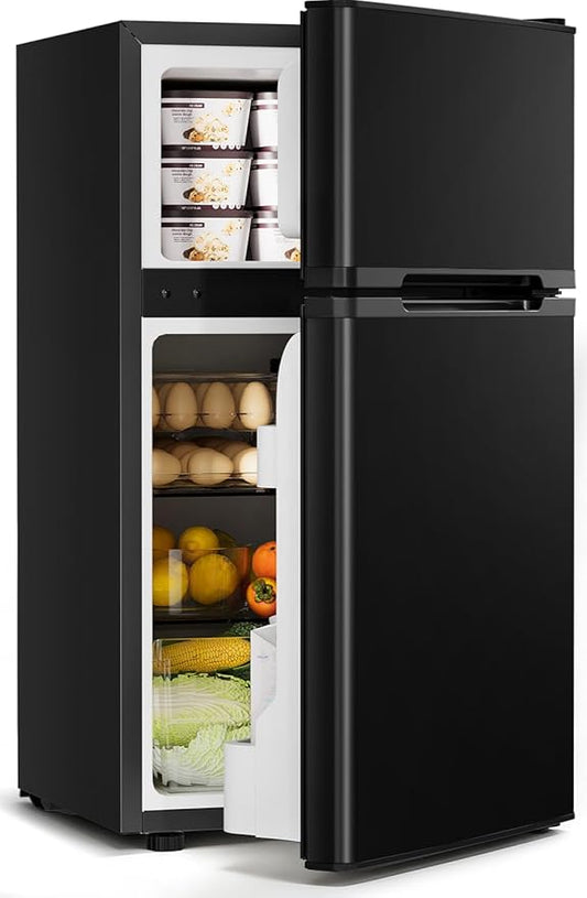 3.2 Cu.Ft Mini Fridge with Freezer - 2 Door Small Refrigerator, Mini Refrigerator with Adjustable Thermostat, Removable Shelves, Mini Fridge for Bedroom, Office, Dorm, Apartment, Black