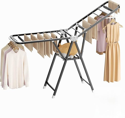 MIKEE Clothes Drying Rack,Foldable Laundry Drying Rack for Indoor & Outdoor Useï¼with Height-Adjustable Wingsï¼2-Tier Clothes Rack with Windproof Hanging Holes and Wheelsï¼132 lbs