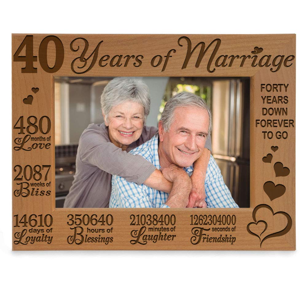 KATE POSH 40 Years of Marriage Engraved Natural Wood Picture Frame, 40 Years Together as Husband and Wife, 40 Years Down Forever to Go, 40th Anniversary (5x7 Horizontal)