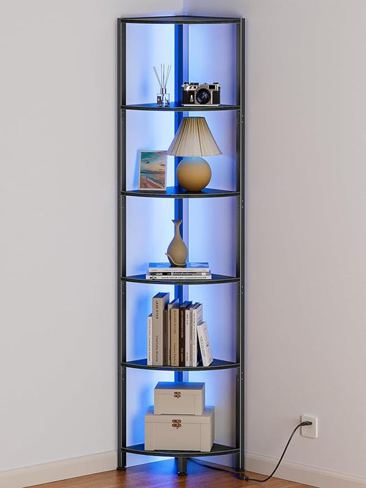 Furnulem 6 Tier Corner Shelf with LED Light, 67.5â Tall Standing Shelf Organizer, Black Narrow Bookshelf with Storage Rack for Wall Corner, Living Room, Bedroom, Metal Frame, Wood Display Shelf