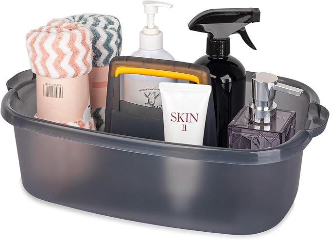 Large Cleaning Supplies Caddy Portable Shower Basket Supply Organizer with Handle Plastic Bucket Tool Storage for Bathroom, Bedroom, Kitchen, College Dorm, Garden, Clear Grey