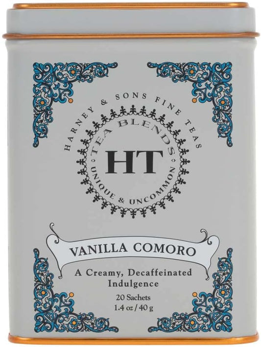 Harney & Sons Tea Decaffeinated, Great Present Idea, Vanilla Comoro, 1.4 oz Tin (20 Sachets)