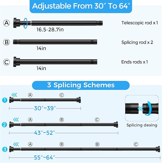 Shower Curtain Rod 31-63 Inch,0.87"Diameter Adjustable Spring Tension Curtain Rods No Drill,Matte Black Shower Tension Rod for Bathroom,Room Divider,Window,Anti-Rust Non-Slip 1-Pack
