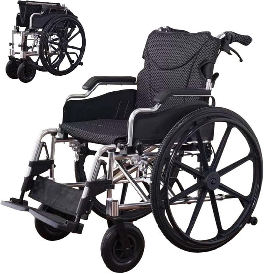 Lightweight Aluminum Alloy Transport Wheelchair for Adults - 18" Wide Seat with Front/Rear Locking Brakes, 24" Quick-Release Wheels, Foldable Design, 275 lbs Capacity (Bright Silver)