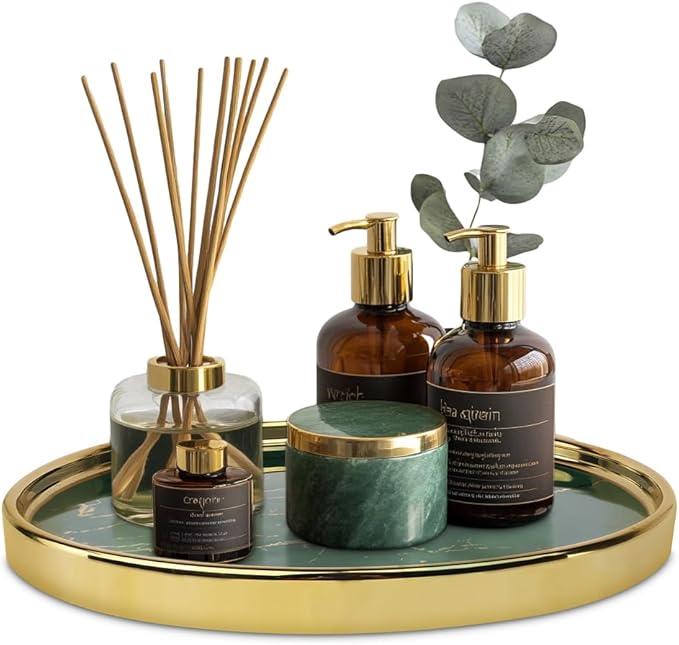 Ceramic Vanity Tray for Bathroom, Jewelry, and Makeup â Decorative Organizer Tray for Countertops, Dresser, or Sink â Elegant Green Round Design, Durable & Stylish Storage Solution