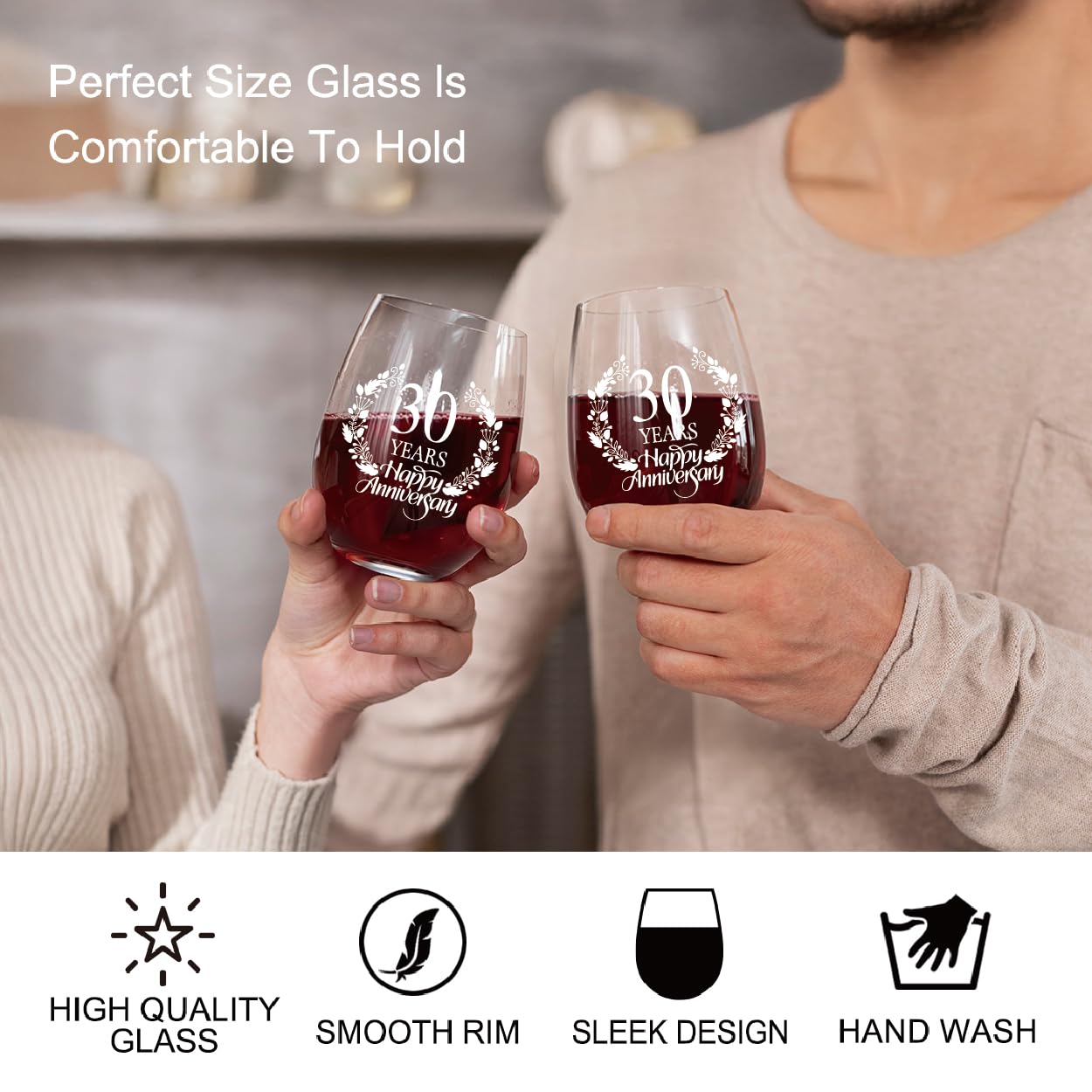 Perfectinsoy 30 Years Happy Anniversary Wine Glass Set of 2, 30th Anniversary Wedding Gift For Mom, Dad, Wife, Soulmate, Couple, Funny Vintage Unique Personalized, 30 Years Gifts