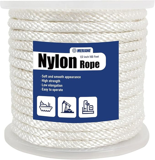 MERIANE 1/2 Inch Nylon Rope 100 Ft â Multipurpose Solid Braided Rope â Ideal Use for Camping, Clothesline, Marine, Flag Line â Abrasion & UV Resistant â Shock Absorption Rope for Indoor Outdoor