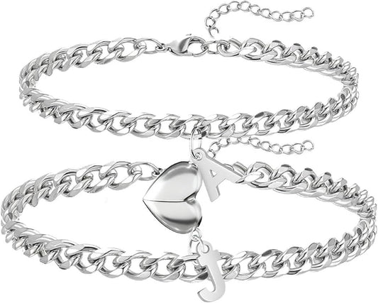 Magnet Couple Bracelet for Women Men A-Z Initial Silver Bracelet Stainless Steel Cuban Link Chain Adjustable Valentines Day Gifts for Him Her