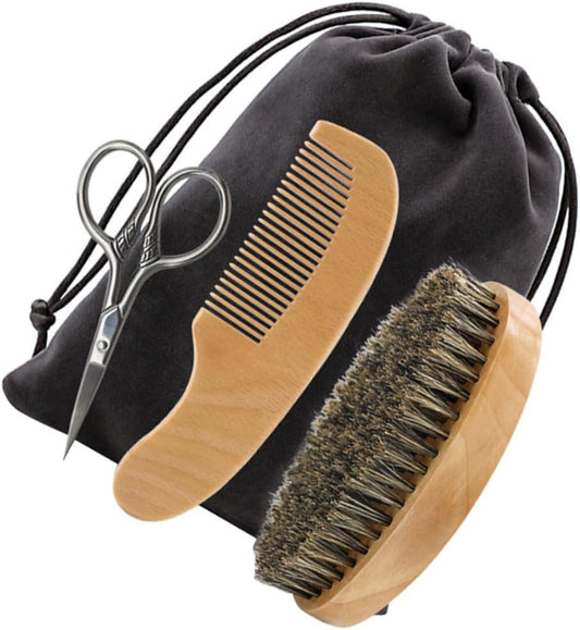 FRCOLOR Beard Shaving for Men Grooming Kit with Beard Styling Scissors Comb Natural Boar Bristle Brush for All Types and Styles