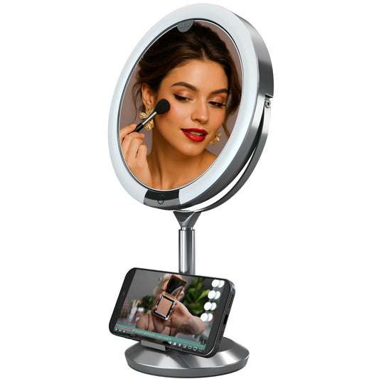 LumÃ©rie Femlightens Professional HD LED Desk Mirror, 1X/10X Pro LED Makeup, Sensor 3-Color Dimmable Light Up for Desk, Height-Adjustable Vanity Mirrors Tabletop with Phone Holder, USB-C Rechargeable