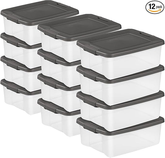 Sterilite 12-Pack ShelfTote, Clear Plastic Storage Bins with Lids, 25 Quart, Gray - Stackable Organizing Container Boxes for Closet, Bathroom, and Office