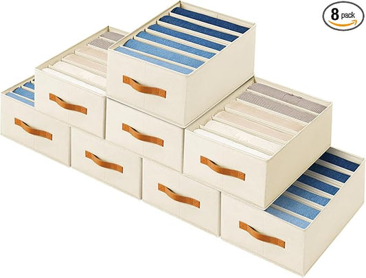 Closet Organizers and Storage - Fabric Clothes Organizer with Handles, Foldable Jeans Organizer for Clothes, Drawer Organizer for Shirts, Bra, Sweater, Scarf, 8 Pack, Beige
