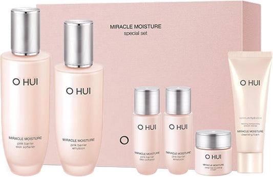 O HUI Miracle Moisture Set | Korean Skin Care Set, 2 Full Size + 4 Travel Essentials | Helps Strengthen Skin Barrier, Glowing Skin, Glass Skin | Softener Lotion, Face Wash, Emulsion | Ceramide, Peptide